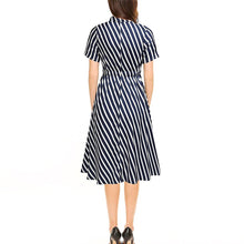 Load image into Gallery viewer, Elegant Short Sleeve Striped Midi Dress Woman Summer Fashion Casual V-neck A-line Dresses For Women 2021 Black Office Robe Femme