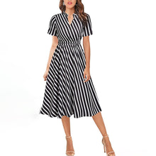 Load image into Gallery viewer, Elegant Short Sleeve Striped Midi Dress Woman Summer Fashion Casual V-neck A-line Dresses For Women 2021 Black Office Robe Femme