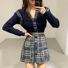 Load image into Gallery viewer, Elegant Single Breasted Knit Stitched Short Tweed Dress with Belt Korean Style Long Sleeve Slim Fit Vestidos Mujer Autumn Robe