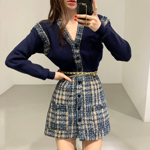 Elegant Single Breasted Knit Stitched Short Tweed Dress with Belt Korean Style Long Sleeve Slim Fit Vestidos Mujer Autumn Robe