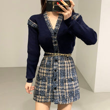 Load image into Gallery viewer, Elegant Single Breasted Knit Stitched Short Tweed Dress with Belt Korean Style Long Sleeve Slim Fit Vestidos Mujer Autumn Robe