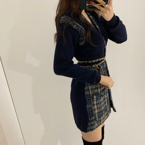 Elegant Single Breasted Knit Stitched Short Tweed Dress with Belt Korean Style Long Sleeve Slim Fit Vestidos Mujer Autumn Robe