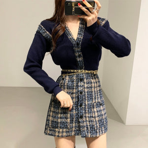 Elegant Single Breasted Knit Stitched Short Tweed Dress with Belt Korean Style Long Sleeve Slim Fit Vestidos Mujer Autumn Robe