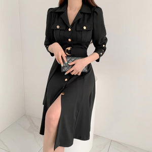 Elegant Single-Breasted Lapel Women Midi Dress 2021 New Fashion Long Sleeve Belted Slim Waist Female Dress Workwear Vestidos