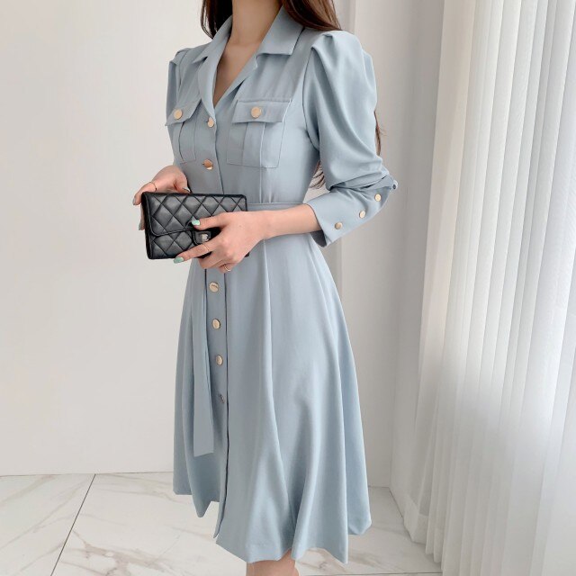 Elegant Single-Breasted Lapel Women Midi Dress 2021 New Fashion Long Sleeve Belted Slim Waist Female Dress Workwear Vestidos