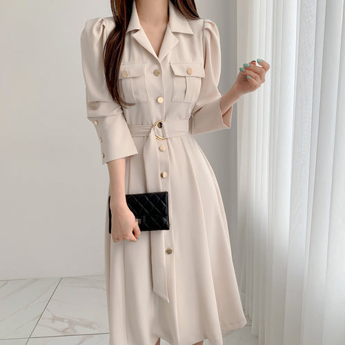 Elegant Single-Breasted Lapel Women Midi Dress 2021 New Fashion Long Sleeve Belted Slim Waist Female Dress Workwear Vestidos