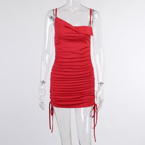 Elegant Spaghetti Strap Drawstring Bandage Bodycon Dress Summer Women Fashion Sexy Party Evening Club Red Backless Slip Dresses