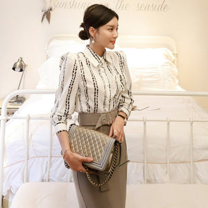 Elegant Spring Office Lady 2 Piece Set Women chiffon long sleeve shirt + Bodycon Slim Midi skirts Women Fashion Vestido Suits