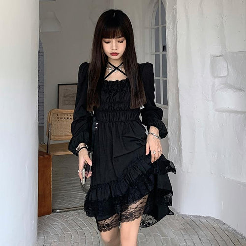 Elegant Square Collar Dresses Spring Women Fashion Irregular Black Dress Lace Patchwork Women Long Sleeve Vestidos Mujer Chic