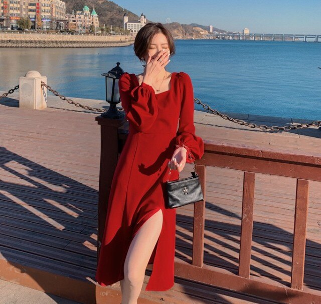 Elegant Square Collar Midi Dresses 2021 Spring Women Puff Sleeve High Waist Slim Dresses Vestidos