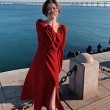 Load image into Gallery viewer, Elegant Square Collar Midi Dresses 2021 Spring Women Puff Sleeve High Waist Slim Dresses Vestidos