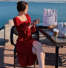 Load image into Gallery viewer, Elegant Square Collar Midi Dresses 2021 Spring Women Puff Sleeve High Waist Slim Dresses Vestidos