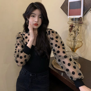 Elegant Square Collar Polka Dot Shirt Women Spring Autumn 2022 Slim Fit Vintage Women Blouse Korean Style Chic Casual Blusas