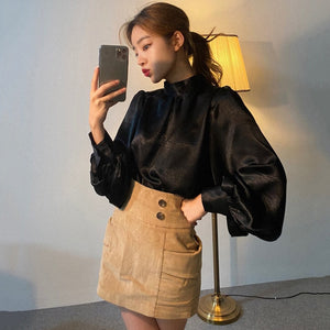 Elegant Stand Collar Glossy Lantern Sleeve Shirt Women Korean Style Office Lady Loose Blouse Women Vintage All Match Blusas Moda