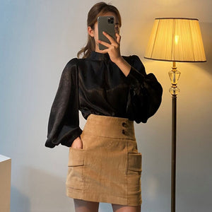 Elegant Stand Collar Glossy Lantern Sleeve Shirt Women Korean Style Office Lady Loose Blouse Women Vintage All Match Blusas Moda