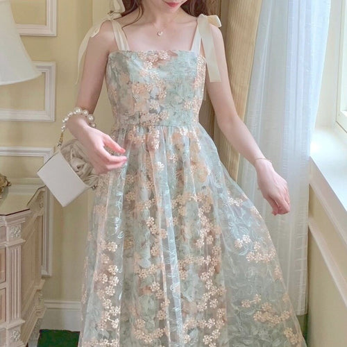 Elegant Strap Floral Dresses for Women 2021 French Vintage Sleeveless Party Long Dress Green Embroidery Fairy Dress Boho Summer