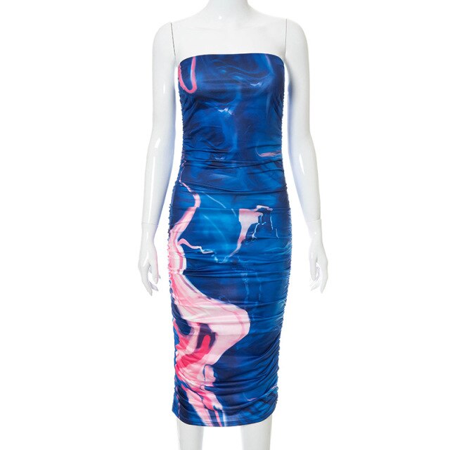 Elegant Strapless Knee Length Dress Women Summer Fashion 2021 Party Floral Print Backless Midi Dress