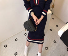 Load image into Gallery viewer, Elegant Suit Sexy V-Neck Single-Breasted Stripe Knitted Sweater Coat + High Waist Bodycon Skirt Autumn Winter 2 Piece Set