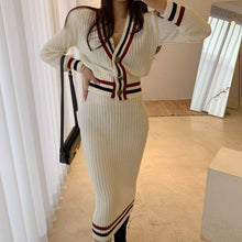 Load image into Gallery viewer, Elegant Suit Sexy V-Neck Single-Breasted Stripe Knitted Sweater Coat + High Waist Bodycon Skirt Autumn Winter 2 Piece Set
