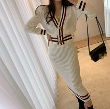 Load image into Gallery viewer, Elegant Suit Sexy V-Neck Single-Breasted Stripe Knitted Sweater Coat + High Waist Bodycon Skirt Autumn Winter 2 Piece Set
