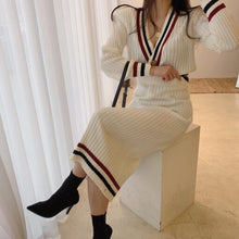 Load image into Gallery viewer, Elegant Suit Sexy V-Neck Single-Breasted Stripe Knitted Sweater Coat + High Waist Bodycon Skirt Autumn Winter 2 Piece Set