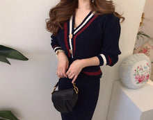 Load image into Gallery viewer, Elegant Suit Sexy V-Neck Single-Breasted Stripe Knitted Sweater Coat + High Waist Bodycon Skirt Autumn Winter 2 Piece Set
