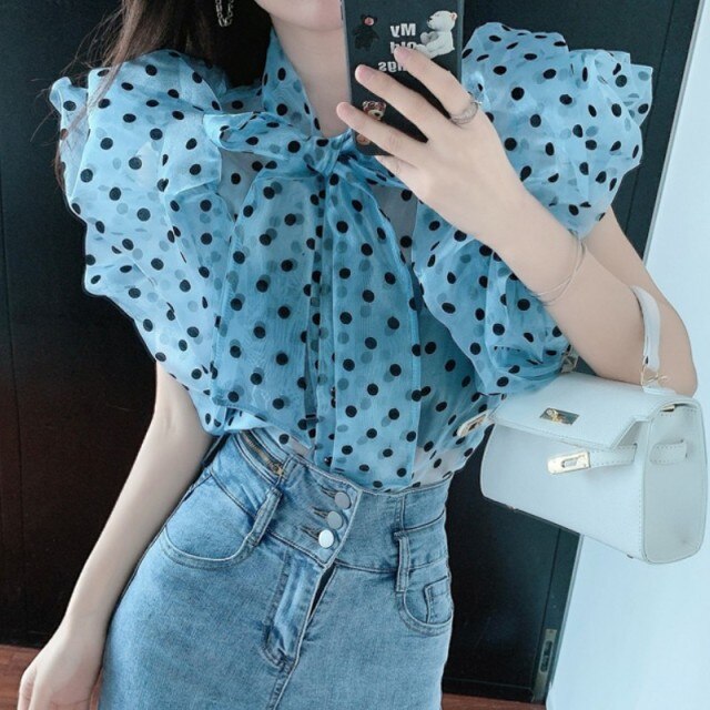 Elegant Sweet Bow Tie Butterfly Sleeve Polka Dot Chiffon Casual  Slim Shirt 2021 Fashion perspective Sexy Top