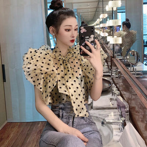 Elegant Sweet Bow Tie Butterfly Sleeve Polka Dot Chiffon Casual  Slim Shirt 2021 Fashion perspective Sexy Top