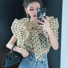 Load image into Gallery viewer, Elegant Sweet Bow Tie Butterfly Sleeve Polka Dot Chiffon Casual  Slim Shirt 2021 Fashion perspective Sexy Top
