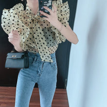 Load image into Gallery viewer, Elegant Sweet Bow Tie Butterfly Sleeve Polka Dot Chiffon Casual  Slim Shirt 2021 Fashion perspective Sexy Top