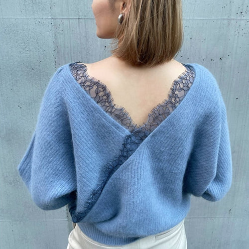 Elegant Sweet Patchwork Lace Sweater Fall Woman 2021 Long Sleeve Solid Soft Knitted Pullovers V-neck All Match Autumn Jumpers