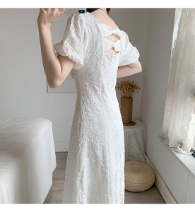 Elegant Sweet Retro Dress Women White Beading Square Collar Slim Waist Party Dress for Females Korean Style Summer 2021 New