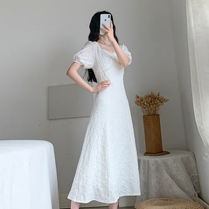 Elegant Sweet Retro Dress Women White Beading Square Collar Slim Waist Party Dress for Females Korean Style Summer 2021 New