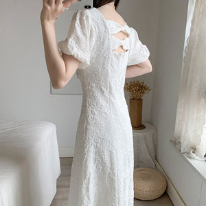 Elegant Sweet Retro Dress Women White Beading Square Collar Slim Waist Party Dress for Females Korean Style Summer 2021 New