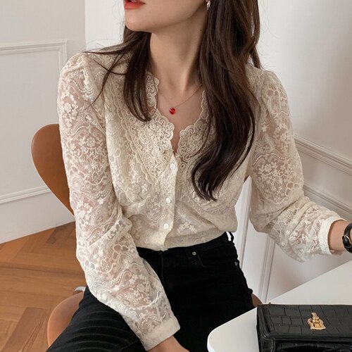 Elegant V Neck Lace Shirt Women Spring Autumn Long Sleeve Korean Style Chic Vintage Sweet All Match Casual Fashion Blusas Mujer