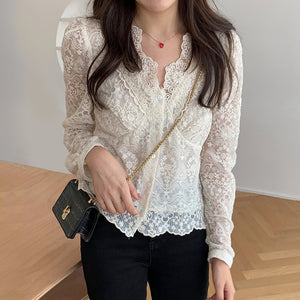 Elegant V Neck Lace Shirt Women Spring Autumn Long Sleeve Korean Style Chic Vintage Sweet All Match Casual Fashion Blusas Mujer