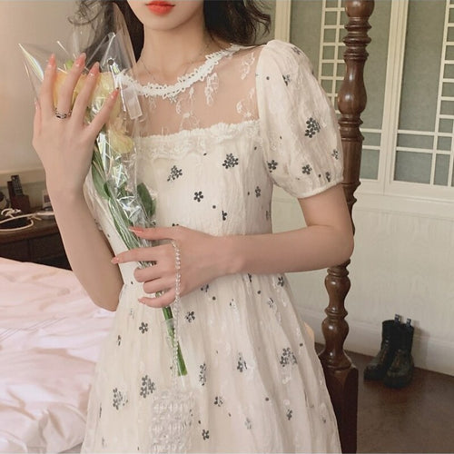 Elegant Vintage Print Dresses for Women Kawaii Sweet Patchwork Bubble Sleeve Dress Lace Pretty Romantic Summer Light Dress 2021