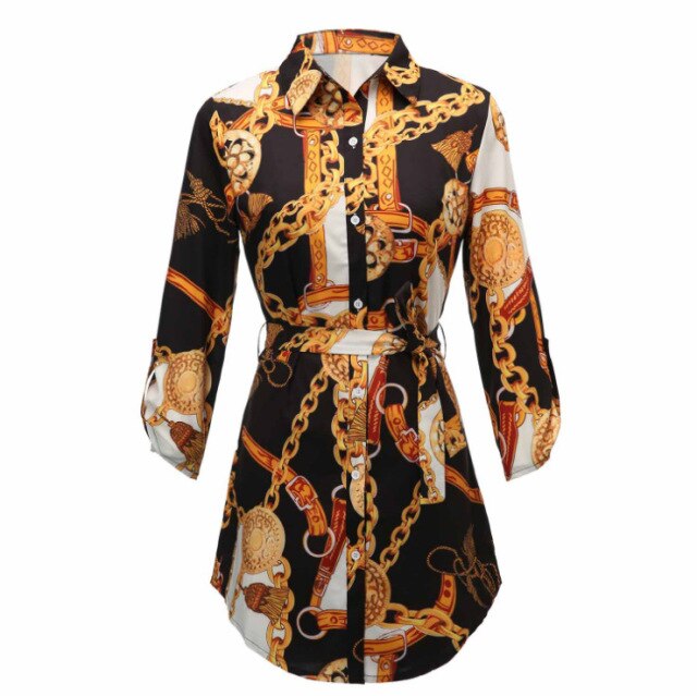 Elegant Women Chain Print Long Shirt Blouse Summer Fashion Casual Belt Button Shirts Top Femme Fall Plus Size Women Clothing 5xl