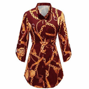 Elegant Women Chain Print Long Shirt Blouse Summer Fashion Casual Belt Button Shirts Top Femme Fall Plus Size Women Clothing 5xl