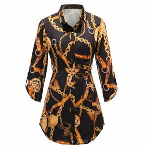 Elegant Women Chain Print Long Shirt Blouse Summer Fashion Casual Belt Button Shirts Top Femme Fall Plus Size Women Clothing 5xl