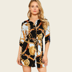 Elegant Women Chain Print Long Shirt Blouse Summer Fashion Casual Belt Button Shirts Top Femme Fall Plus Size Women Clothing 5xl