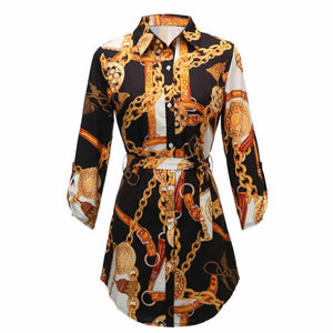 Elegant Women Chain Print Long Shirt Blouse Summer Fashion Casual Belt Button Shirts Top Femme Fall Plus Size Women Clothing 5xl