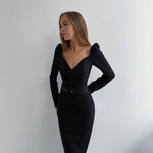 Load image into Gallery viewer, Elegant Women Dress V Neck Long Sleeve Woman High Waist Midi Dress Autumn Female Clothes Belt Solid Puff Sleeve Party Vestidos