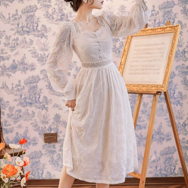 Elegant Women Lace Embroidery Hollow out Fairy Party Dress Office Lady Square Collar Midi Dress 2021 Spring Clothing Female