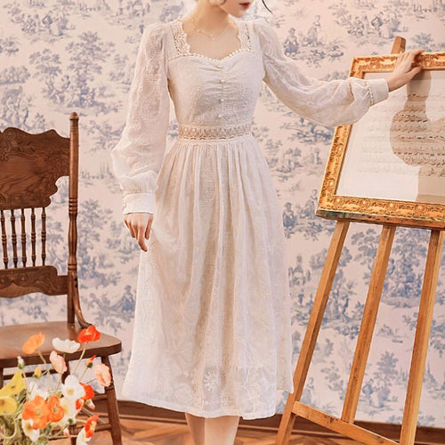 Elegant Women Lace Embroidery Hollow out Fairy Party Dress Office Lady Square Collar Midi Dress 2021 Spring Clothing Female