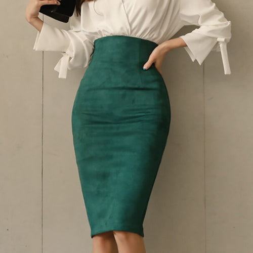 Elegant Women Solid High Waist Skirt 2021Autumn Suede Work Wear Bag Hip Pencil Skirt Winter Base Bodycon Midi Skirt Femininas