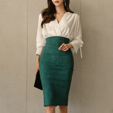 Load image into Gallery viewer, Elegant Women Solid High Waist Skirt 2021Autumn Suede Work Wear Bag Hip Pencil Skirt Winter Base Bodycon Midi Skirt Femininas