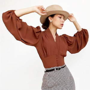 Elegant lantern long sleeve blouse women Shirts button up shirt Slim-fit cropped vintage top shirt woman clothing