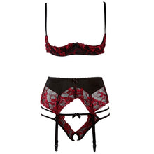 Load image into Gallery viewer, Embroidery Lingerie Thin Temptation Bra and Panty with Garters Sets Women Intimates 1/4 Cup Sexy Bra Crotchless Panties Set