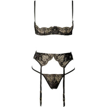 Load image into Gallery viewer, Embroidery Lingerie Thin Temptation Bra and Panty with Garters Sets Women Intimates 1/4 Cup Sexy Bra Crotchless Panties Set